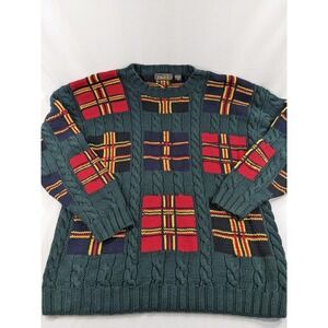 VTG Old School Bespoke Super Heavy Cable Knit Forest Green Crewneck Sweater L